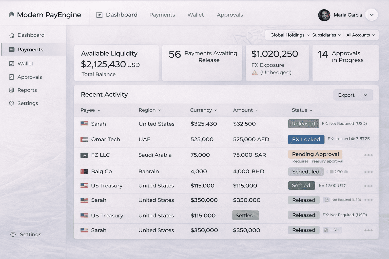 Modern PayEngine platform interface